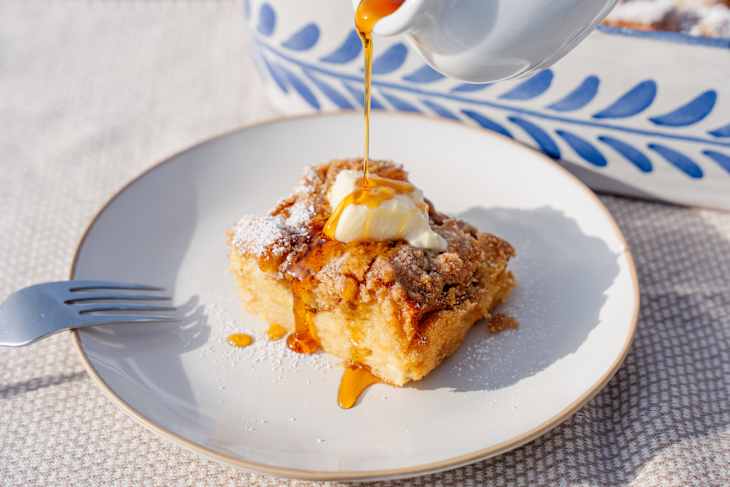 Syrup poured on the Pioneer Woman’s Baked French Toast