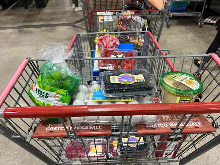 Groceries in shopping cart.
