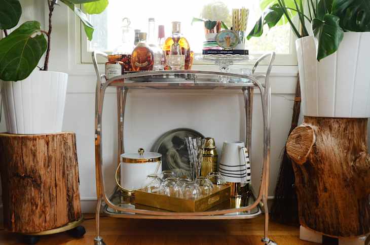 Bar cart with assorted liquor bottles, glassware, and a teapot, flanked by large potted plants on wooden stumps.