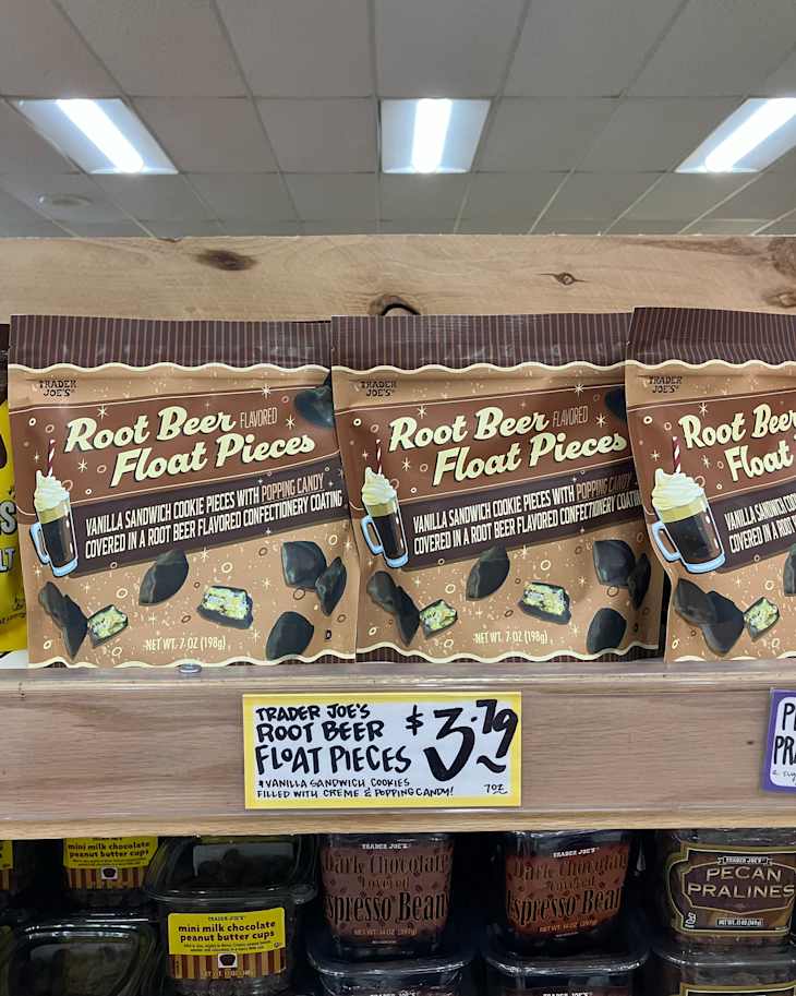 Root beer float pieces on Trader Joe's shelves.
