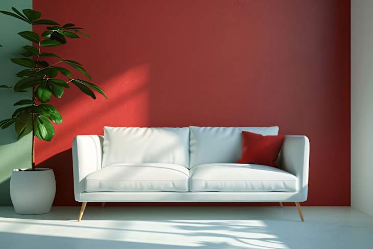 A bright and modern minimalist living room featuring a white sofa with red accent pillows against a striking red and green split wall.
