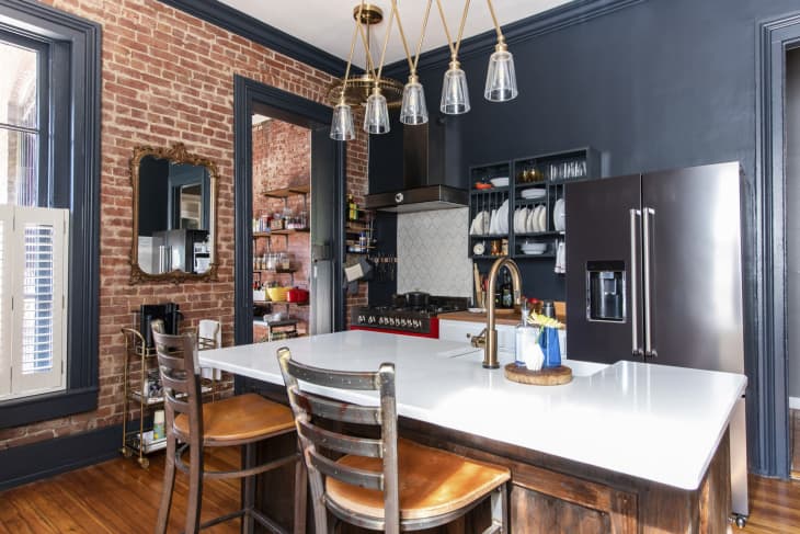 Marble countertop in a renovated kitchen.