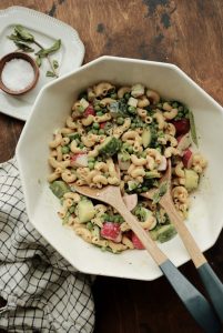 Summer Pasta Salad with Fresh Garden Veggies and Feta Cheese