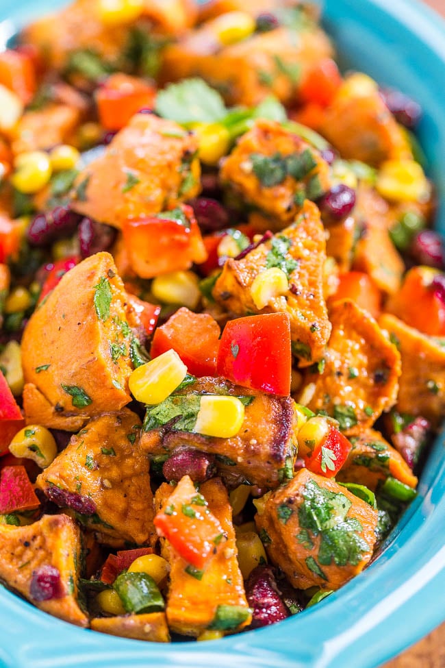 Sweet Potatoes Filled with BBQ Chicken and Mexican Street Corn Salad
