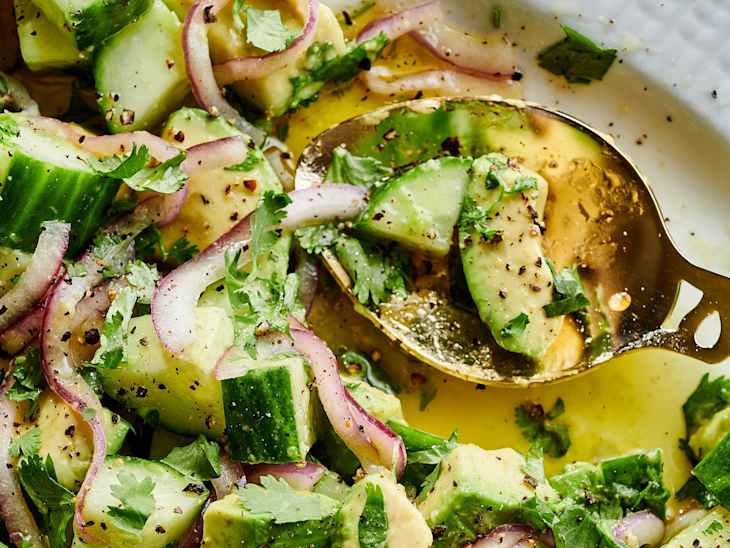 close up of cucumber avocado salad