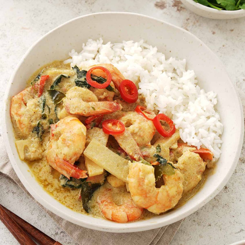 Thai Shrimp Curry Garnished with Crunchy Shallots