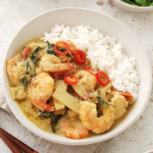 Thai Shrimp Curry Garnished with Crunchy Shallots