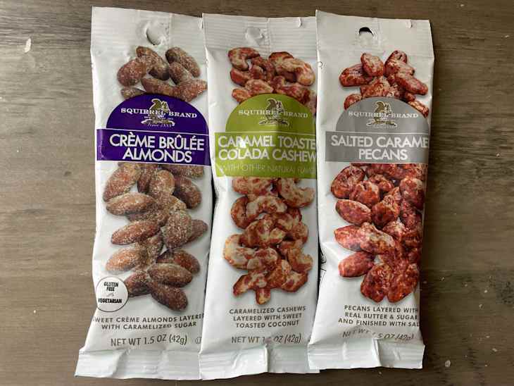 Squirrel Brand 1.5oz Grab & Go Gourmet Flavored Nuts - Creme Brulee Almonds, Caramel Toasted Colada Cashews, Salted Caramel Pecans