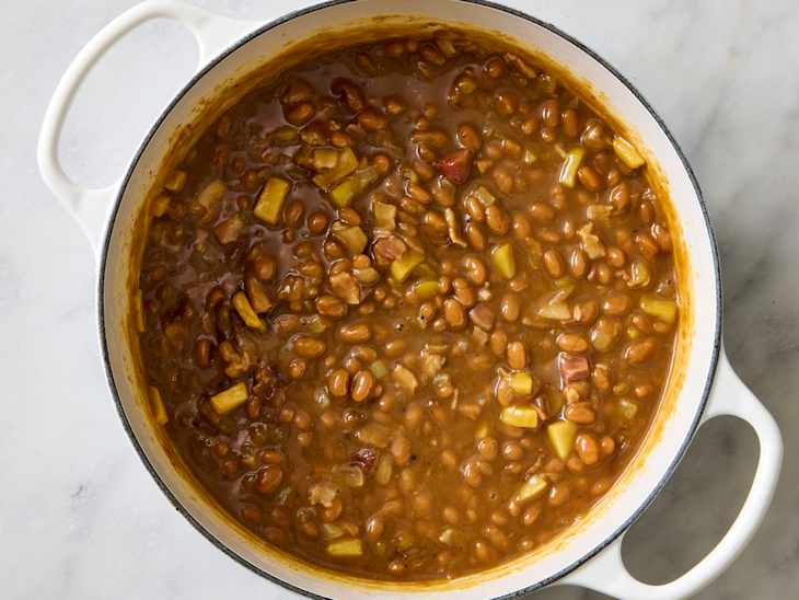joanna gaines recipe for baked beans in a white pot