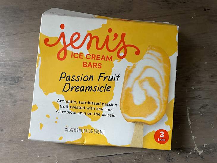 Box of Jeni's Passion Fruit Dreamsicle ice cream bars.