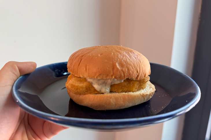 A hand holding a blue plate with a breaded chicken sandwich topped with sauce.