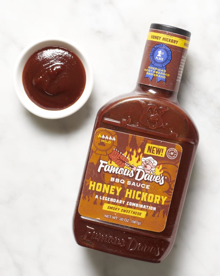 Barbecue Sauce - Famous Dave's Honey HIckory bottle with some in a ramekin to the side