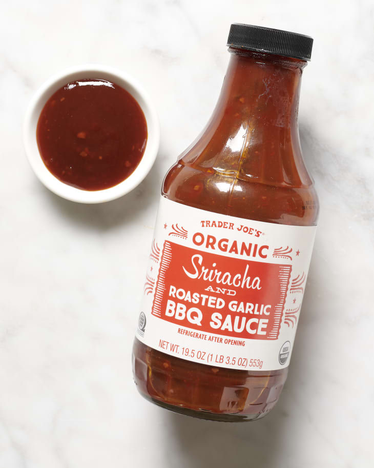 Barbecue Sauce - Trader Joe's Organic Sriracha and Roasted Garlic Barbecue Sauce bottle with some in a ramekin to the side