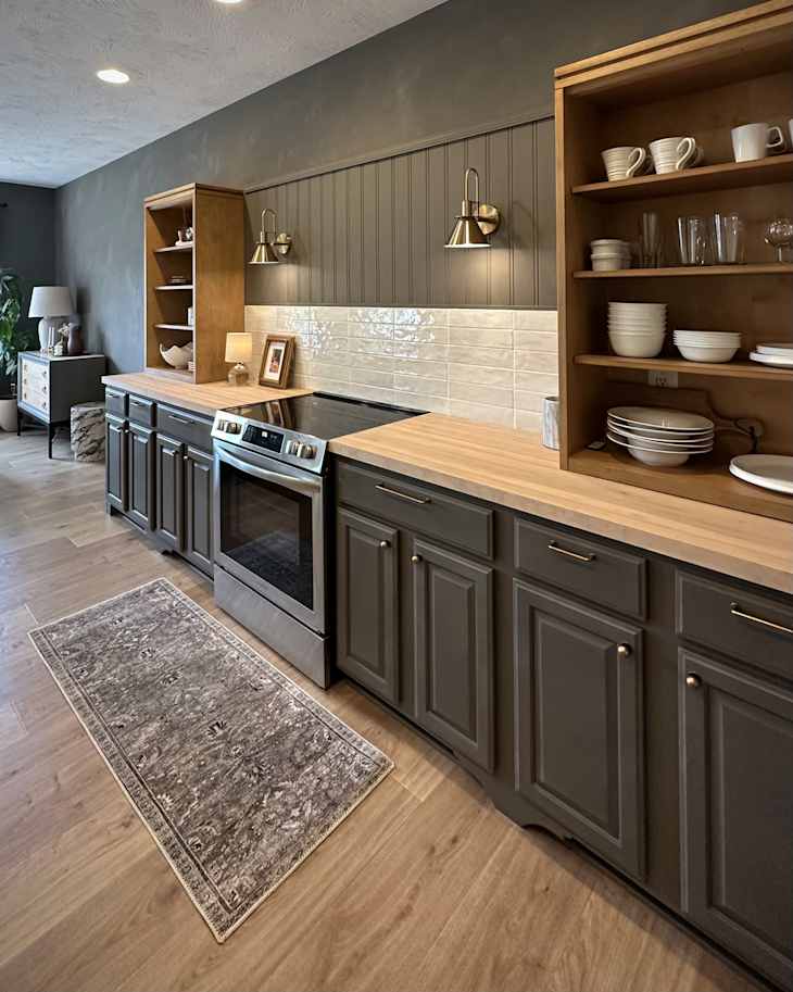 Modern kitchen with dark cabinetry, wooden countertop, stainless steel oven, and open shelving displaying white dishware.