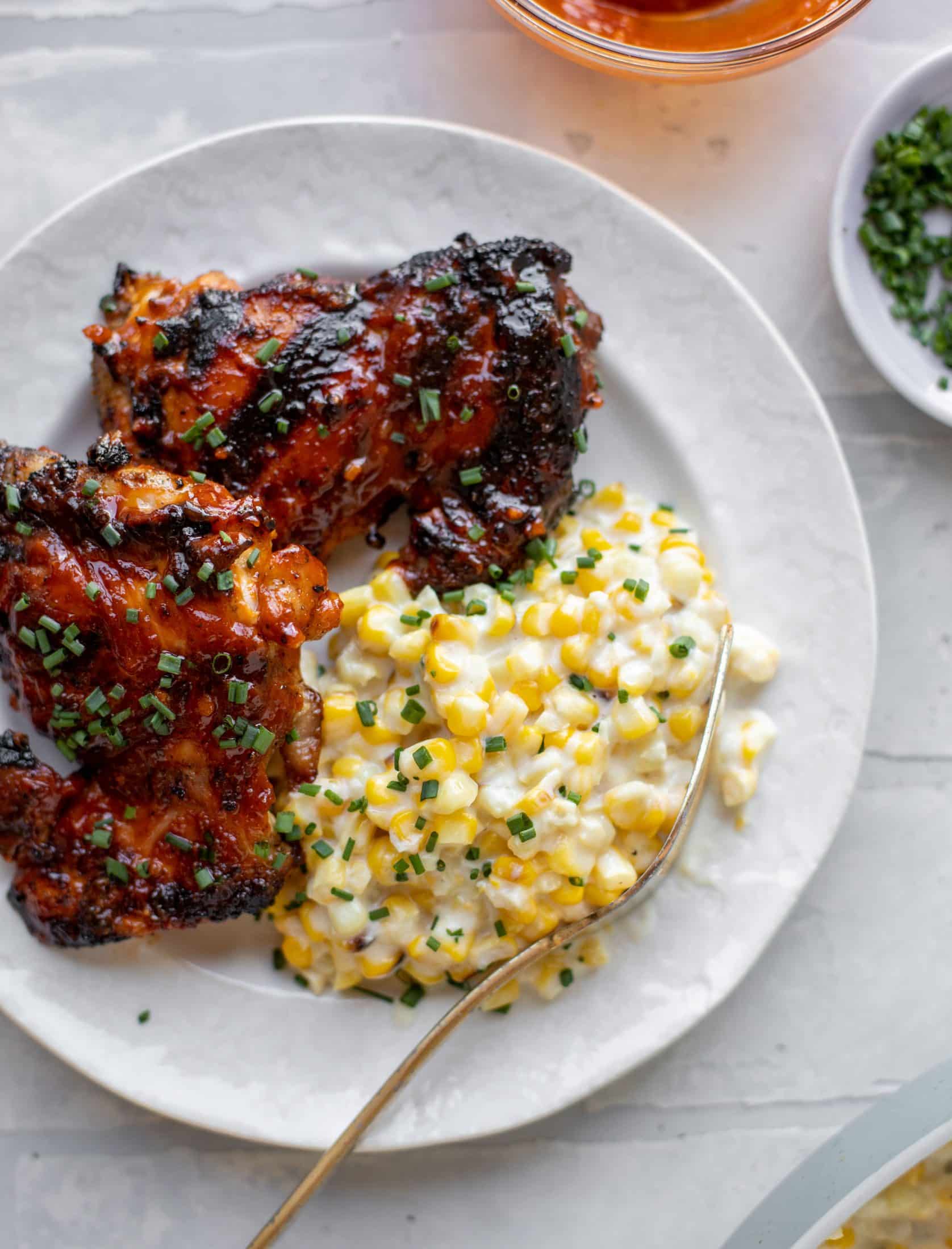 Barbecue Chicken Bowls with Street Corn and Chipotle Roasted Sweet Potatoes