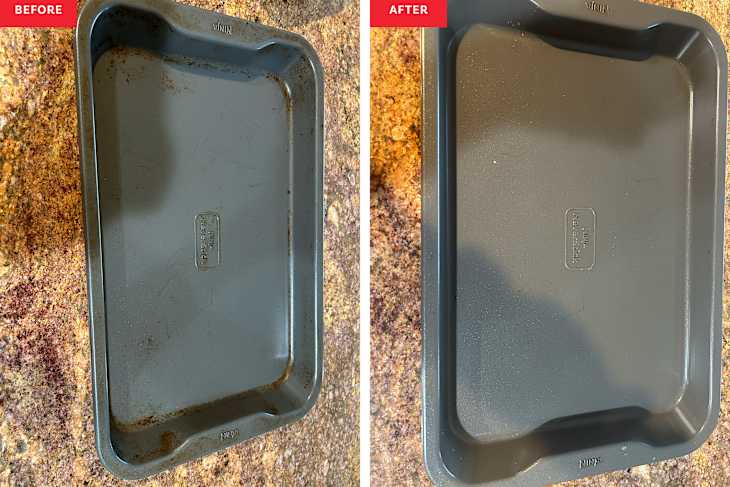 Sheet pan before and after cleaning with Bar Keeper's Friend.