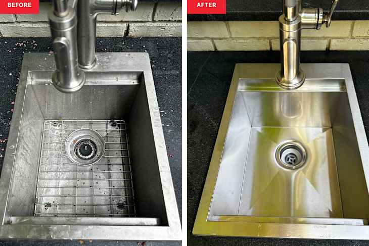 Kitchen sink before and after cleaning.