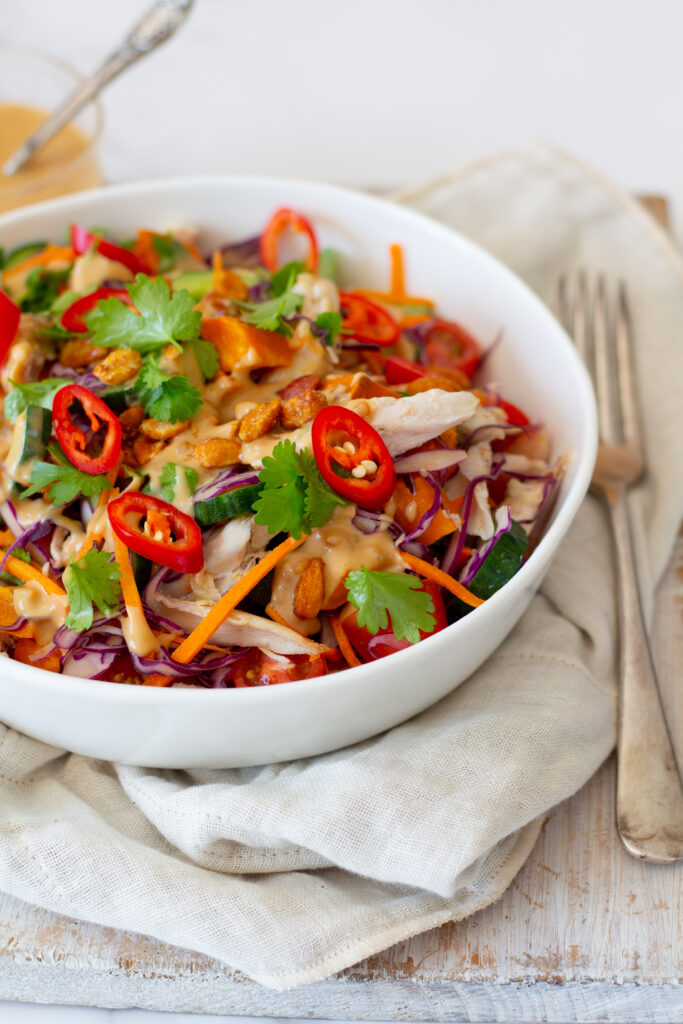 Chicken Satay Salad accompanied by Spicy Rice and Peanut Sauce