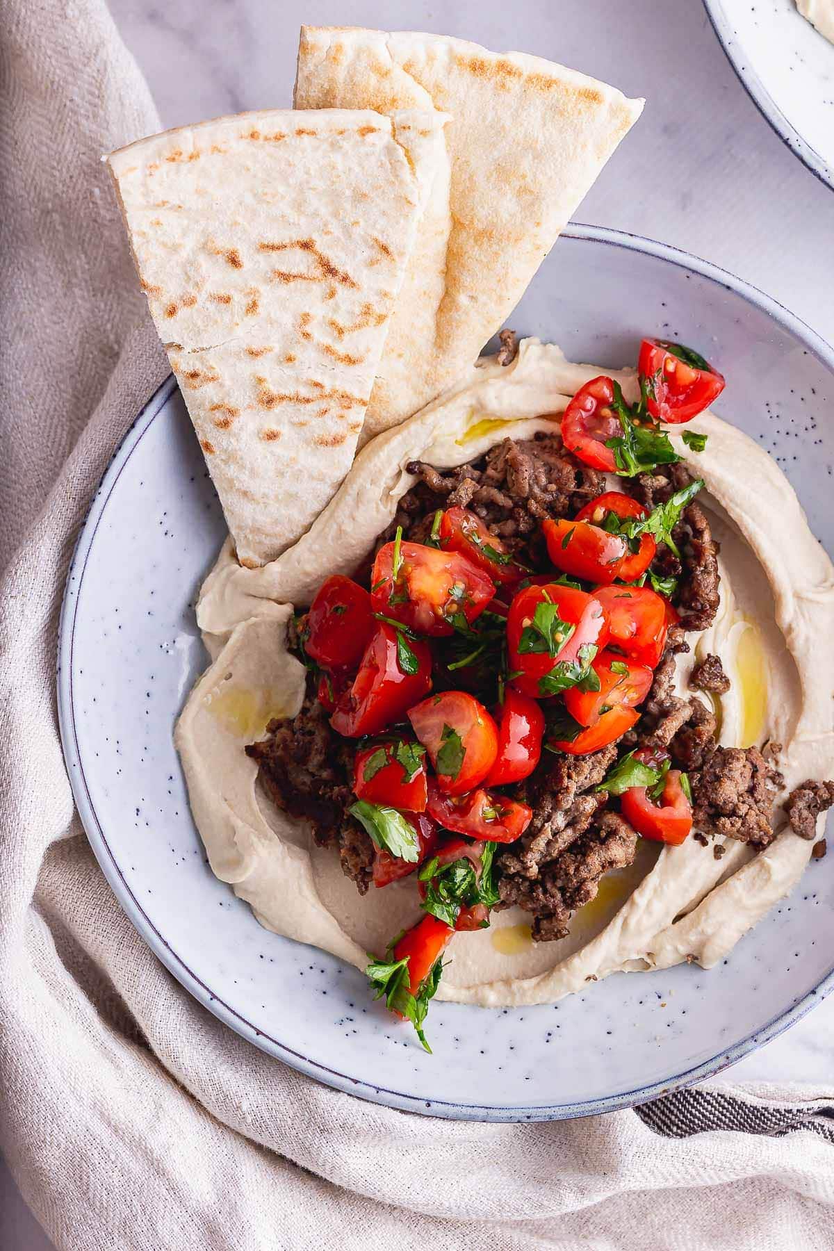 Hummus topped with Beef Shawarma