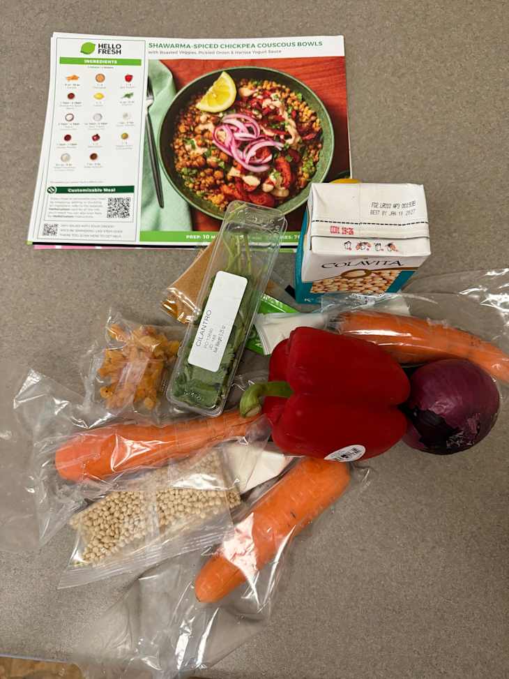 Comparing grocery prices to HelloFresh Shawarma-Spiced Chickpea Couscous Bowls, Salmon Limone, and Gochujang Chicken Salad Sandwiches recipes.