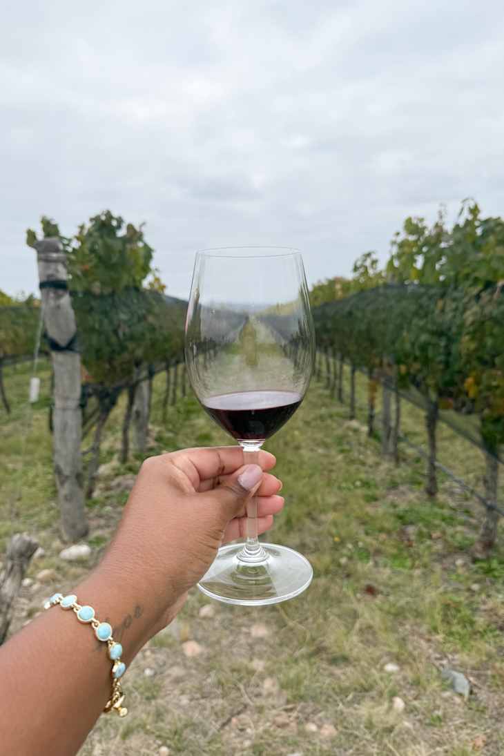 A woman with a glass of wine.