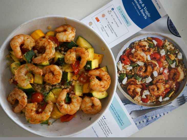 Shrimp, couscous and vegetable meal prepared using Blue Apron meal kit.