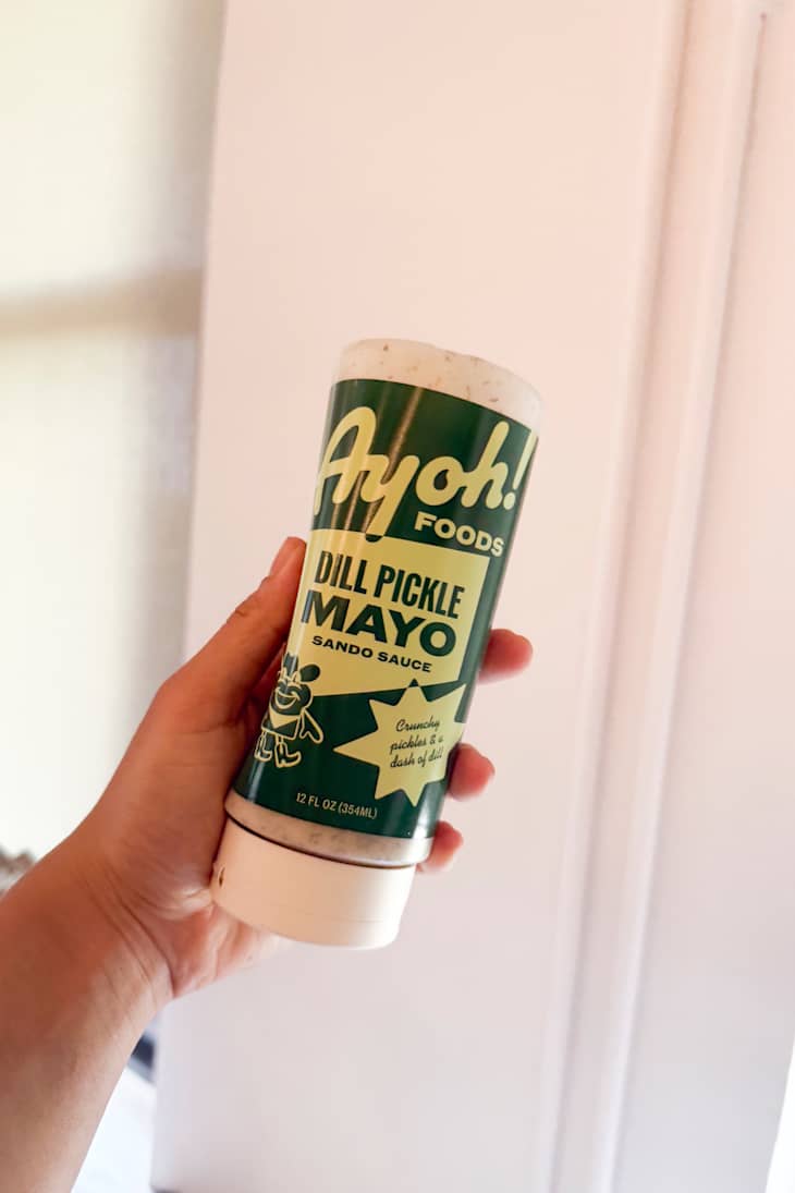 Dill pickle mayo in a squeeze bottle.