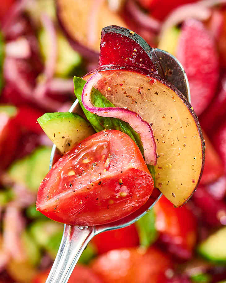 A spoonful of fresh salad featuring sliced tomatoes, plums, cucumbers, and red onion with herbs and seasoning.
