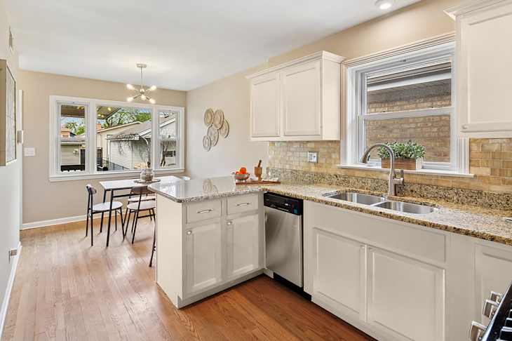 Painted cabinets in staged kitchen.