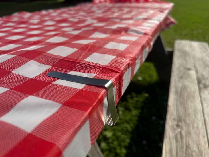 Tablecloth clips in use.