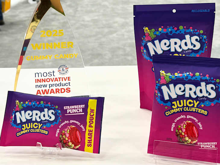 Award for 2025's most innovative gummy candy alongside Nerds Juicy Gummy Clusters packaging in vibrant colors.