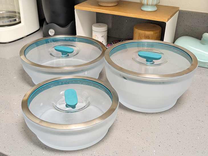 Cooking and storing with Anyday 8-Pc Microwave Cookware & Glass Food Storage Set with Glass Lids | Plastic-Free Containers | Stackable Airtight Steamer with Vented Lid for Microwave-Safe Reheating & Steaming Vegetables, Rice