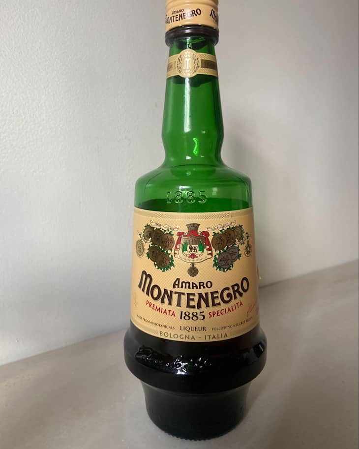 Bottle of Montenegro amaro on countertop.