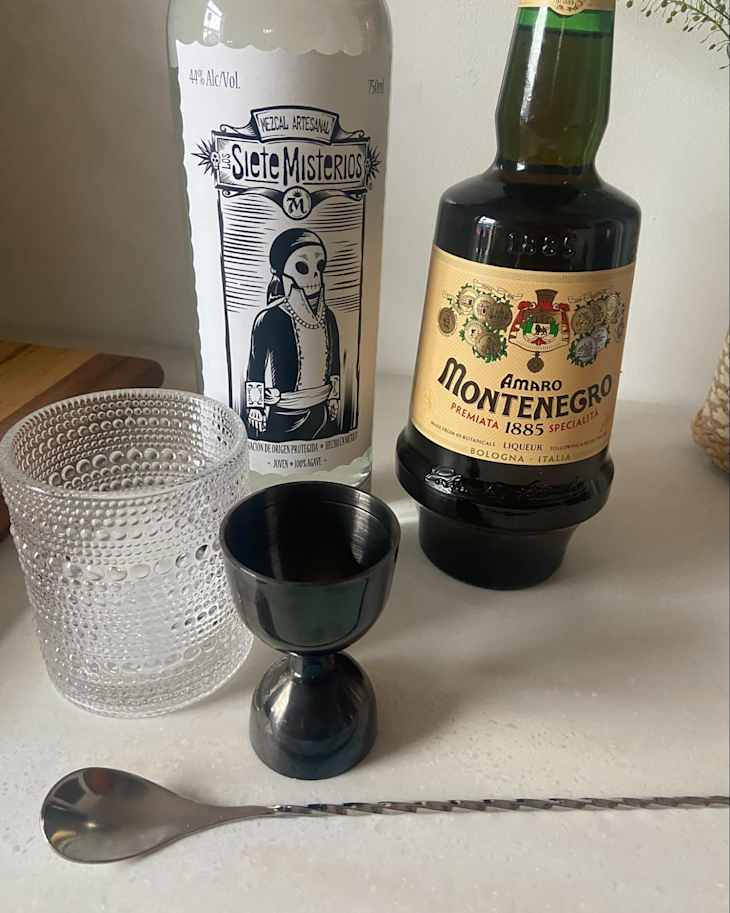 Ingredients laid out for M&M cocktail.