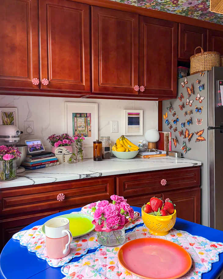 Colorful tablescape in re-decorated kitchen.