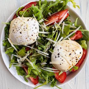 Tomato and Basil Salad featuring Burrata Cheese