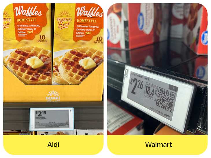 Two boxes of waffles on display, one from Aldi priced at $2.15 and another from Walmart priced at $2.26, with product details visible.