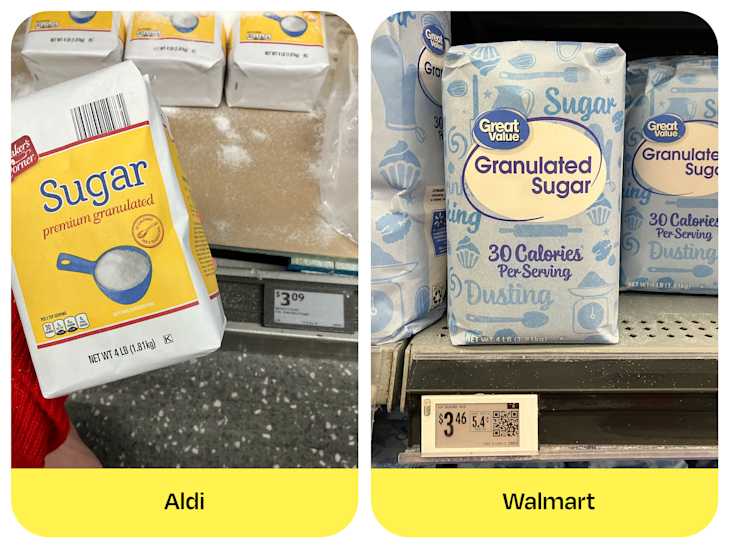 Two packages of granulated sugar side by side: one from Aldi with a yellow label and one from Walmart with a blue design, showing prices.