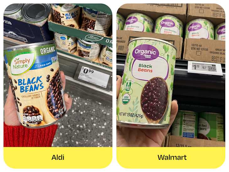 Cans of black beans from Aldi and Walmart, showcasing different brands and prices.