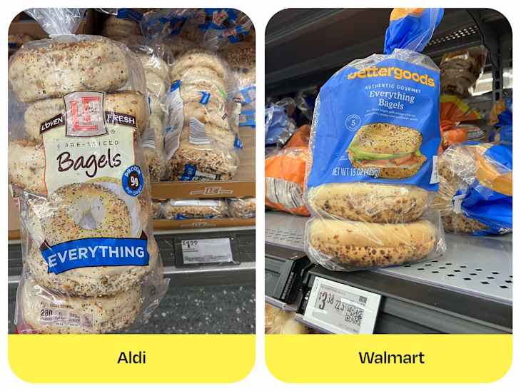 Two packages of everything bagels on store shelves: one from Aldi with a clear label and one from Walmart with a blue design.