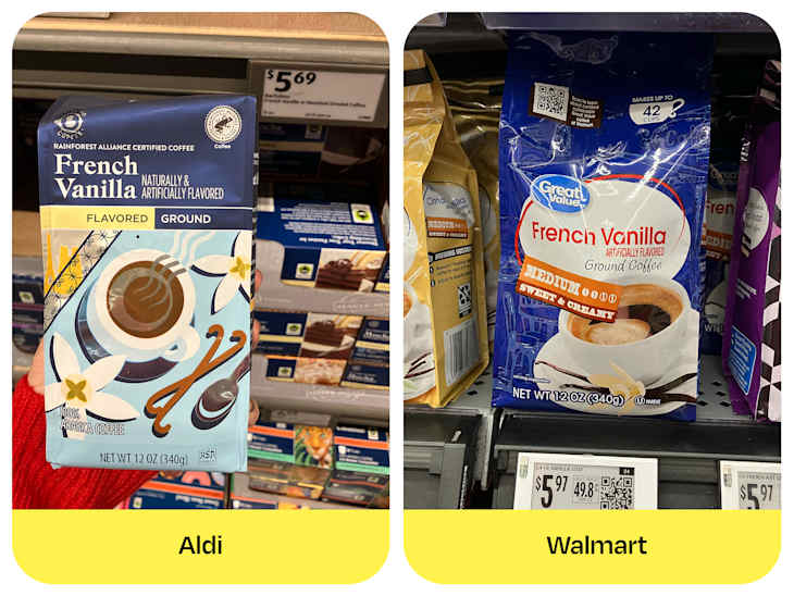 Two packages of French Vanilla ground coffee side by side: one from Aldi with floral design and one from Walmart with a coffee cup illustration.
