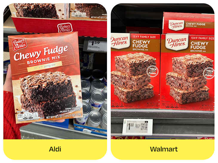 Two boxes of Chewy Fudge Brownie Mix on store shelves: Baker's Corner from Aldi and Duncan Hines from Walmart, with prices visible.
