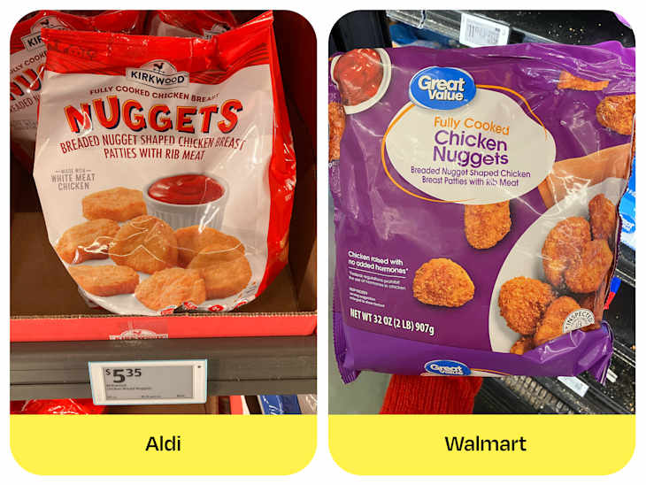 Two bags of chicken nuggets on store shelves: Kirkwood nuggets from Aldi with a red design and Great Value nuggets from Walmart in a purple bag.