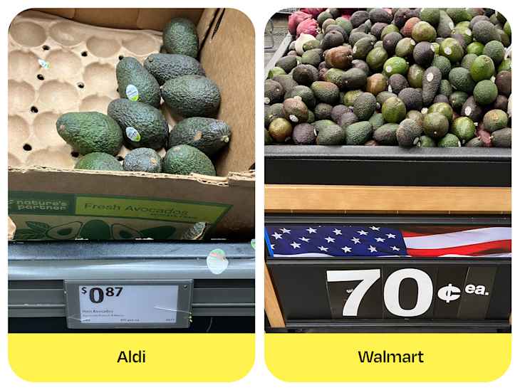 Box of Hass avocados at Aldi priced at $0.87, alongside a display of avocados at Walmart priced at $0.70 each.