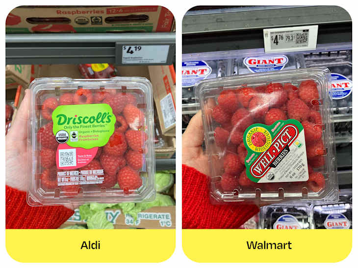 Two containers of raspberries held in hands, labeled Driscoll's at Aldi for $4.19 and Well-Pict at Walmart for $4.76.