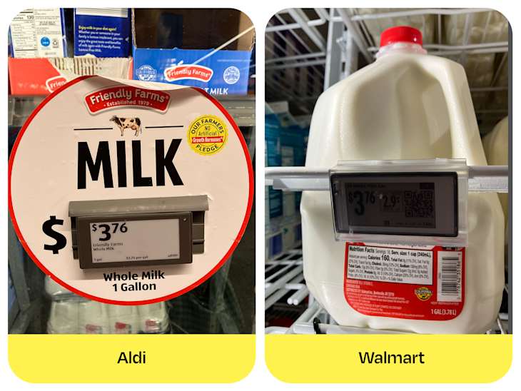 Comparison of milk pricing at Aldi and Walmart, featuring price tags for whole milk in gallon containers.