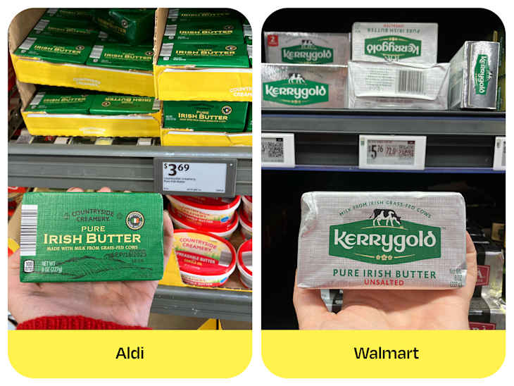 Two types of Irish butter displayed: Countryside Creamery from Aldi priced at $3.69, and Kerrygold unsalted from Walmart priced at $5.76.
