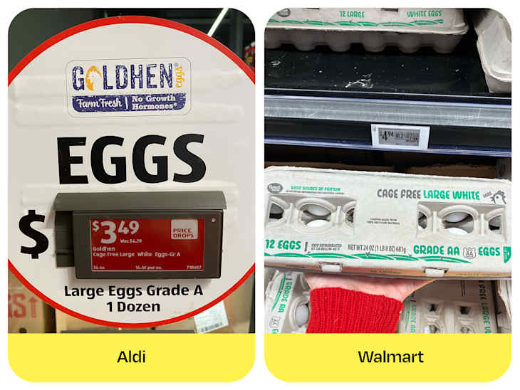 Price tag for Goldhen Cage Free Large White Eggs at Aldi for $3.49 and Great Value Cage Free Large White Eggs at Walmart for $4.94.
