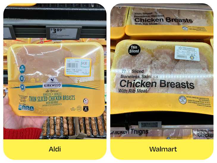 Two packages of thin sliced chicken breasts: one from Aldi priced at $3.89 and one from Walmart priced at $6.16.