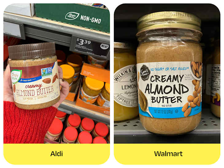 Two jars of creamy almond butter on store shelves: Simply Nature from Aldi and Sam's Choice from Walmart.